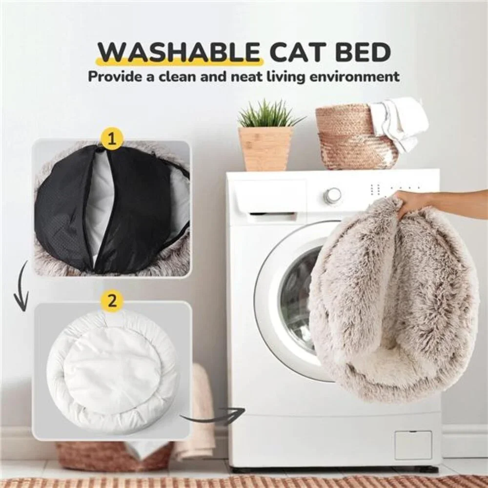 Plush Cat Bed Hooded Cozy Donut Nest Self Warming Indoor Small Dog Kitten Cave